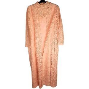 Vintage Miss Rubette Peach Floral Lace Long Robe Duster Jacket & Dress 1960s